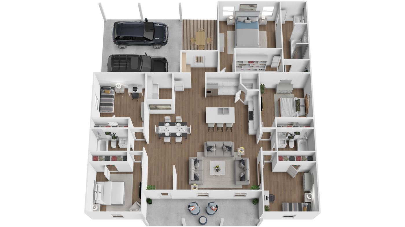 4-bed 3D floor plan with garage and outdoor deck