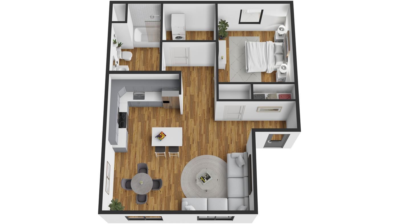 1-bed 1-bath 3D floor plan apartment