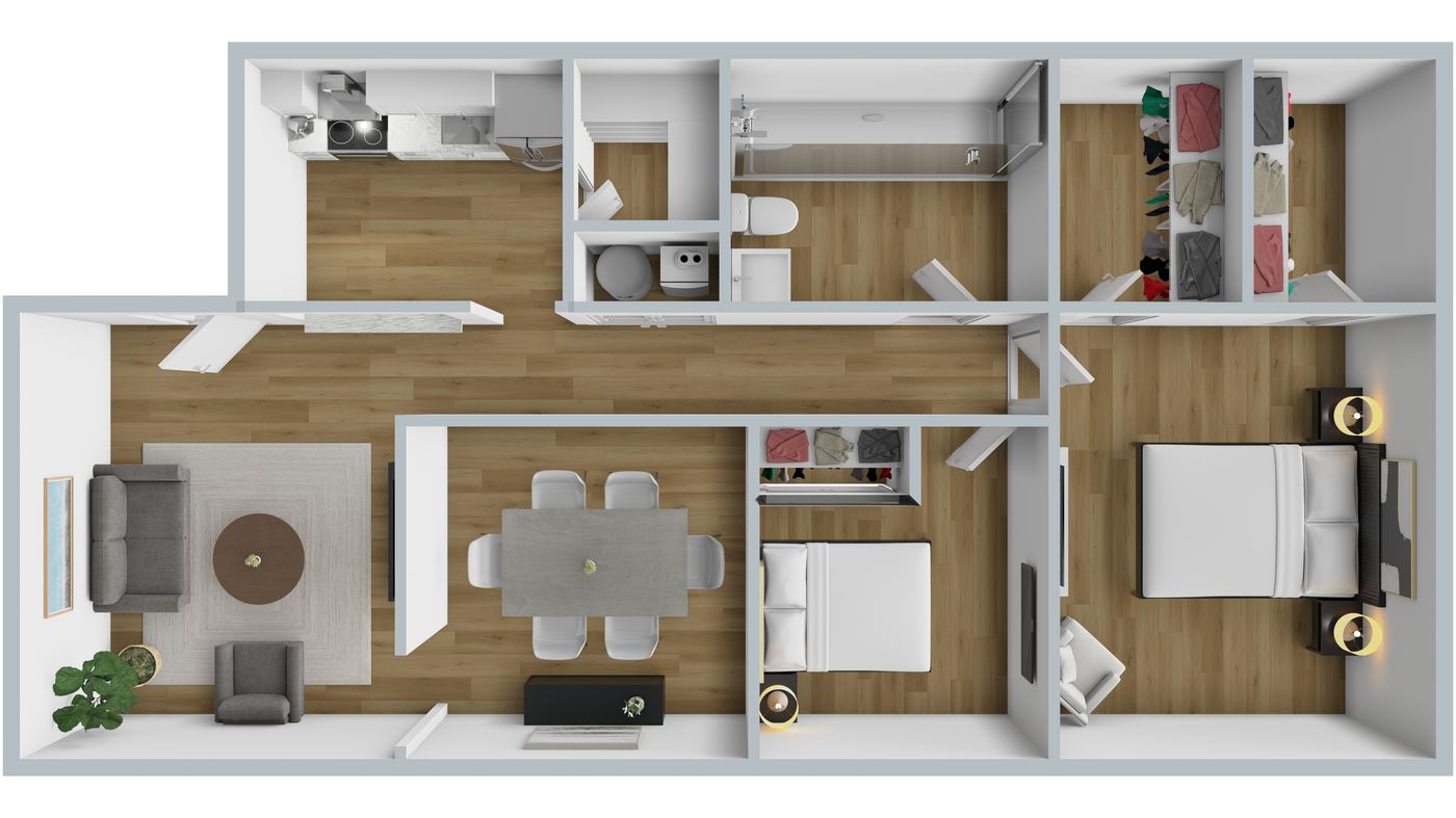 2-bed 3D floor plan with walk-in closets