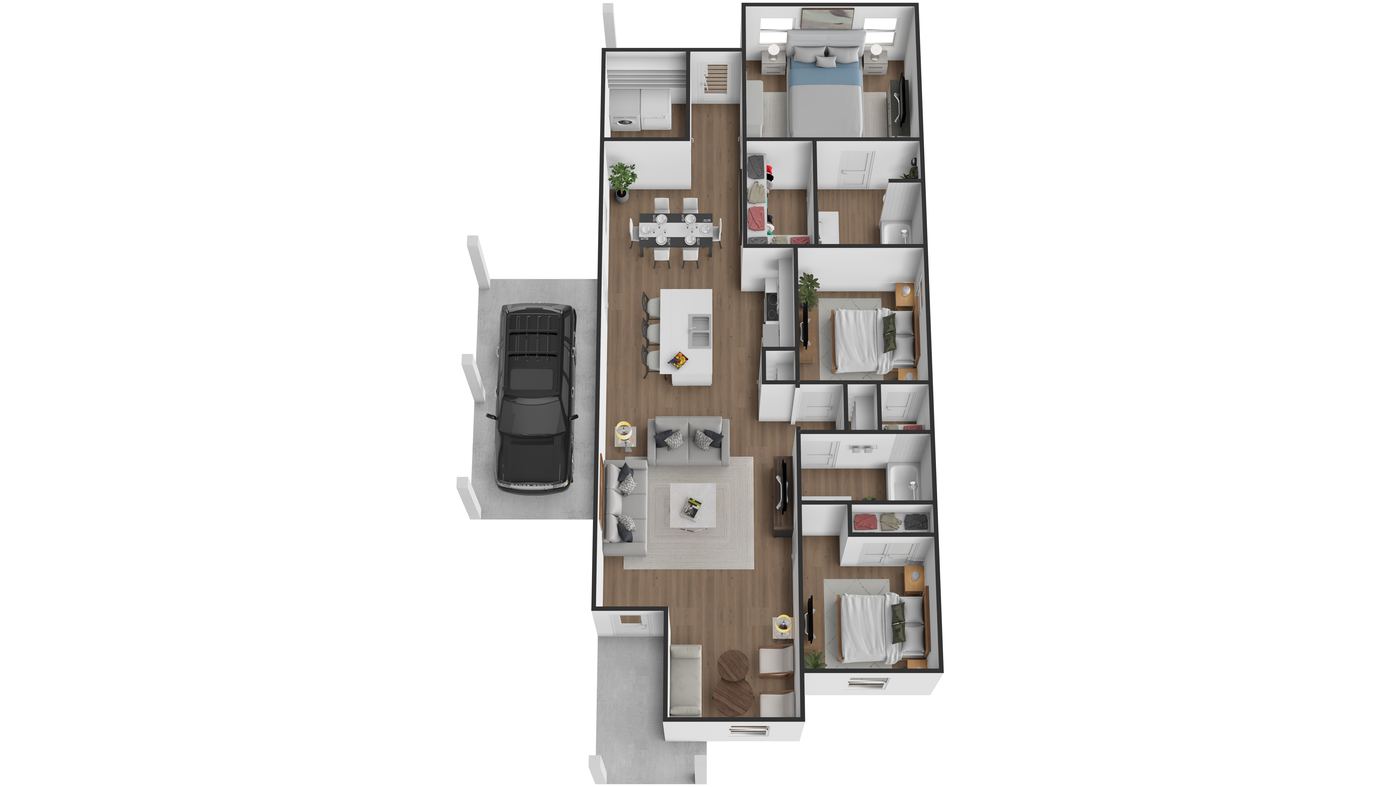 3-bed 3D floor plan with attached garage