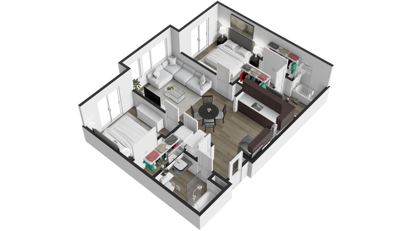 2 bed 1 bath 765 sqft 3D floor plan